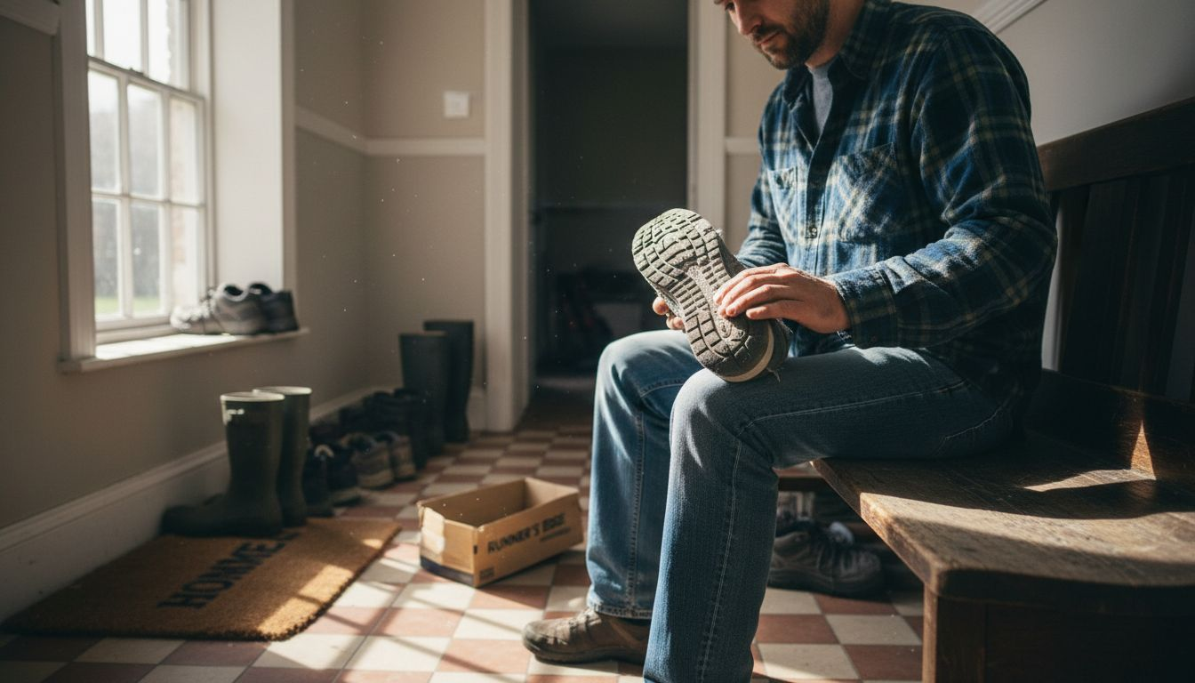 Man inspecting shoes for heel wear