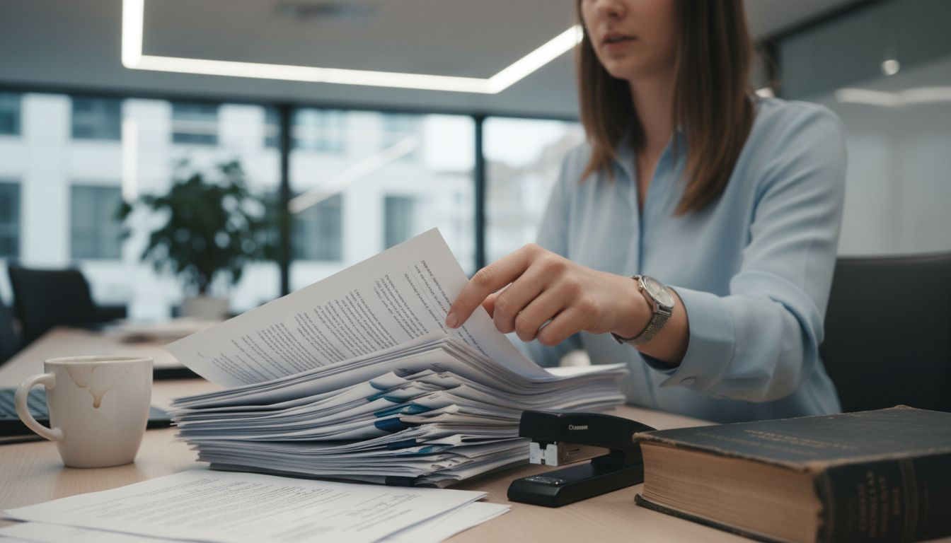 Office manager reviews legal contracts paperwork