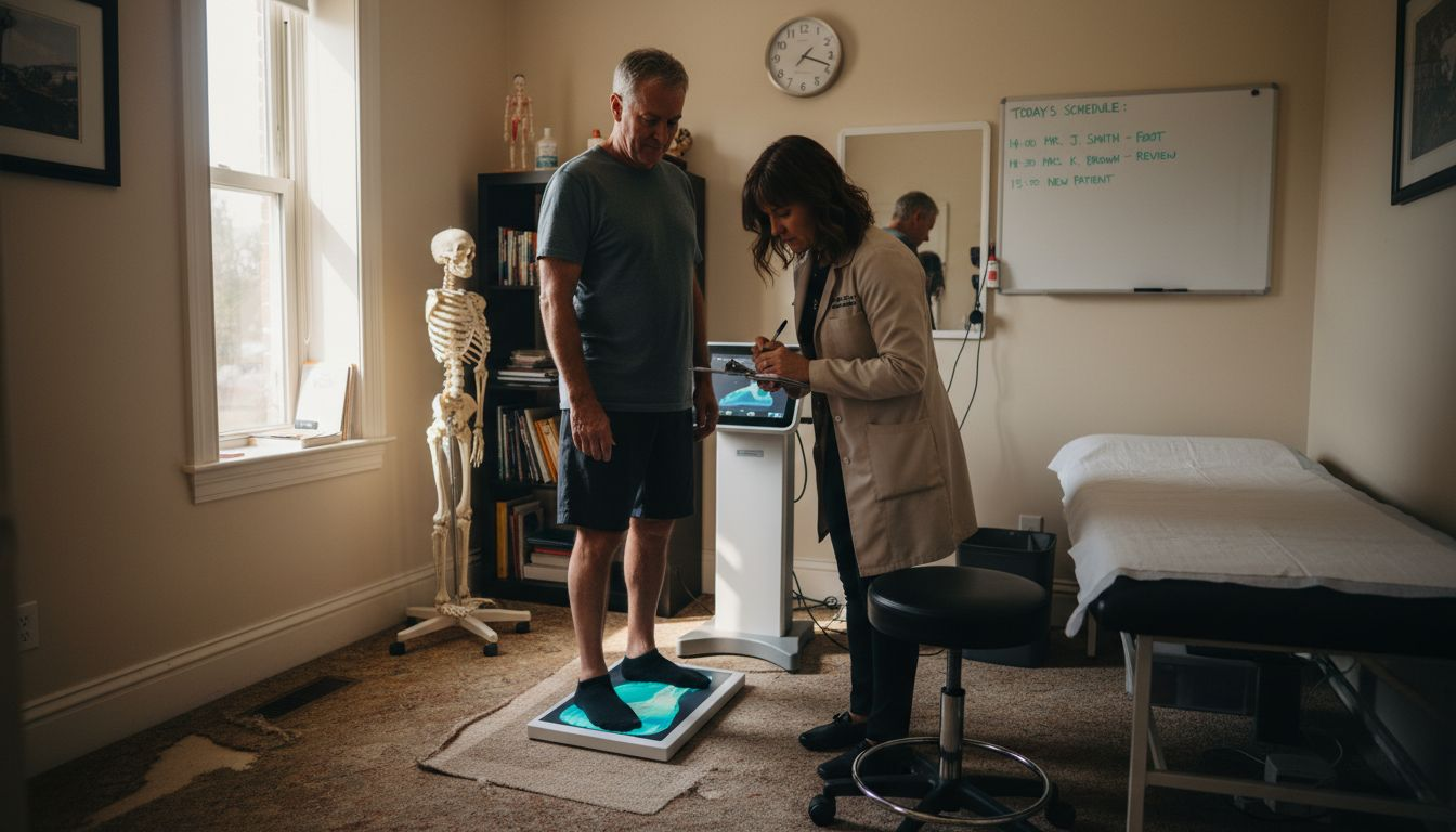 Foot expert fitting orthopaedic shoes using scanner