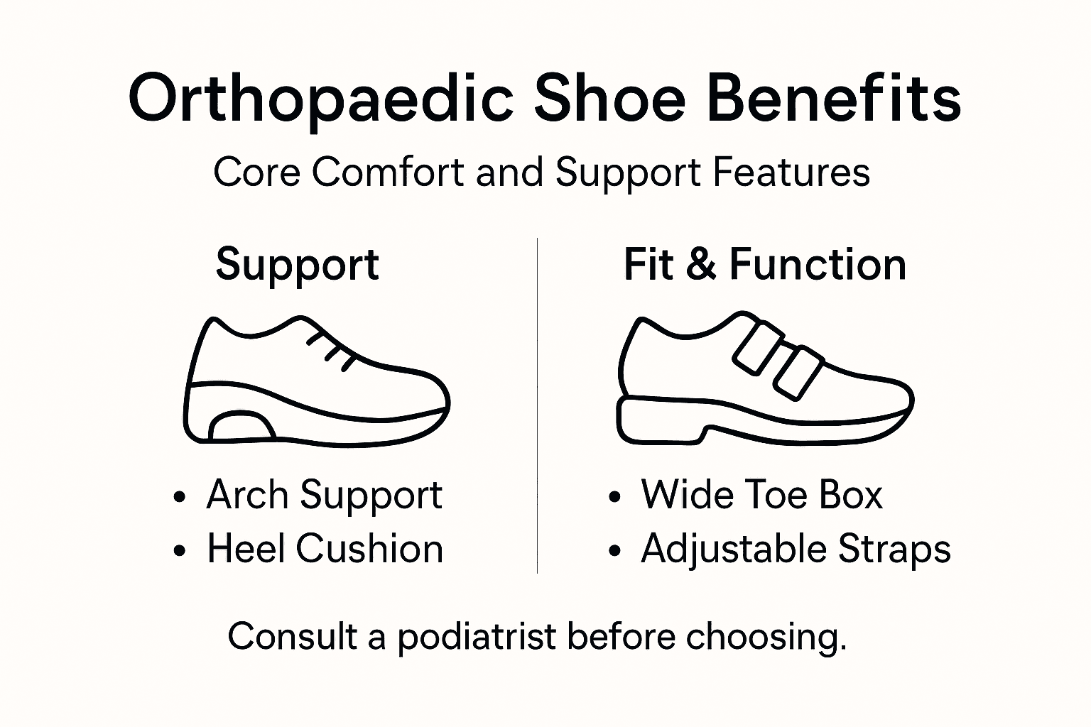 Infographic showing orthopaedic shoe benefits and features