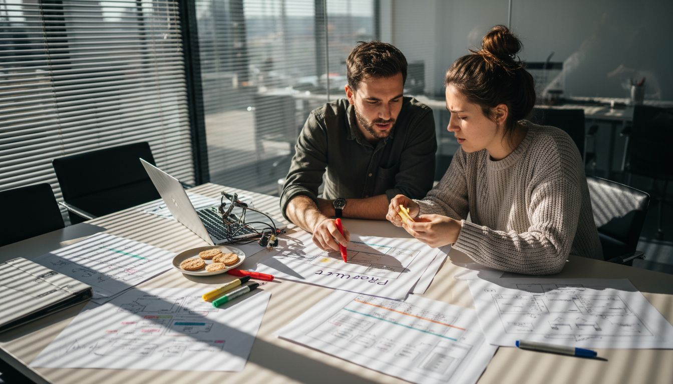 Web developers discuss schema diagrams at table