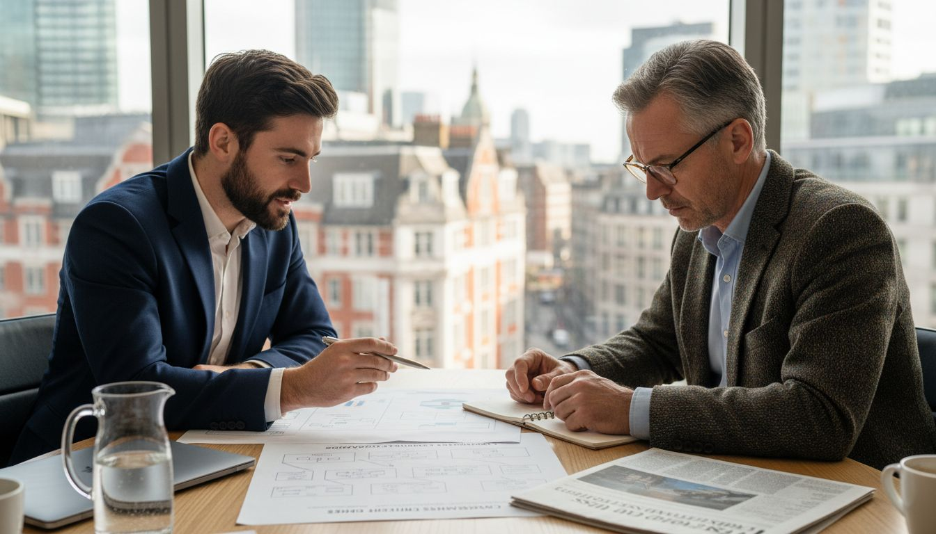 Business partners review company structures chart