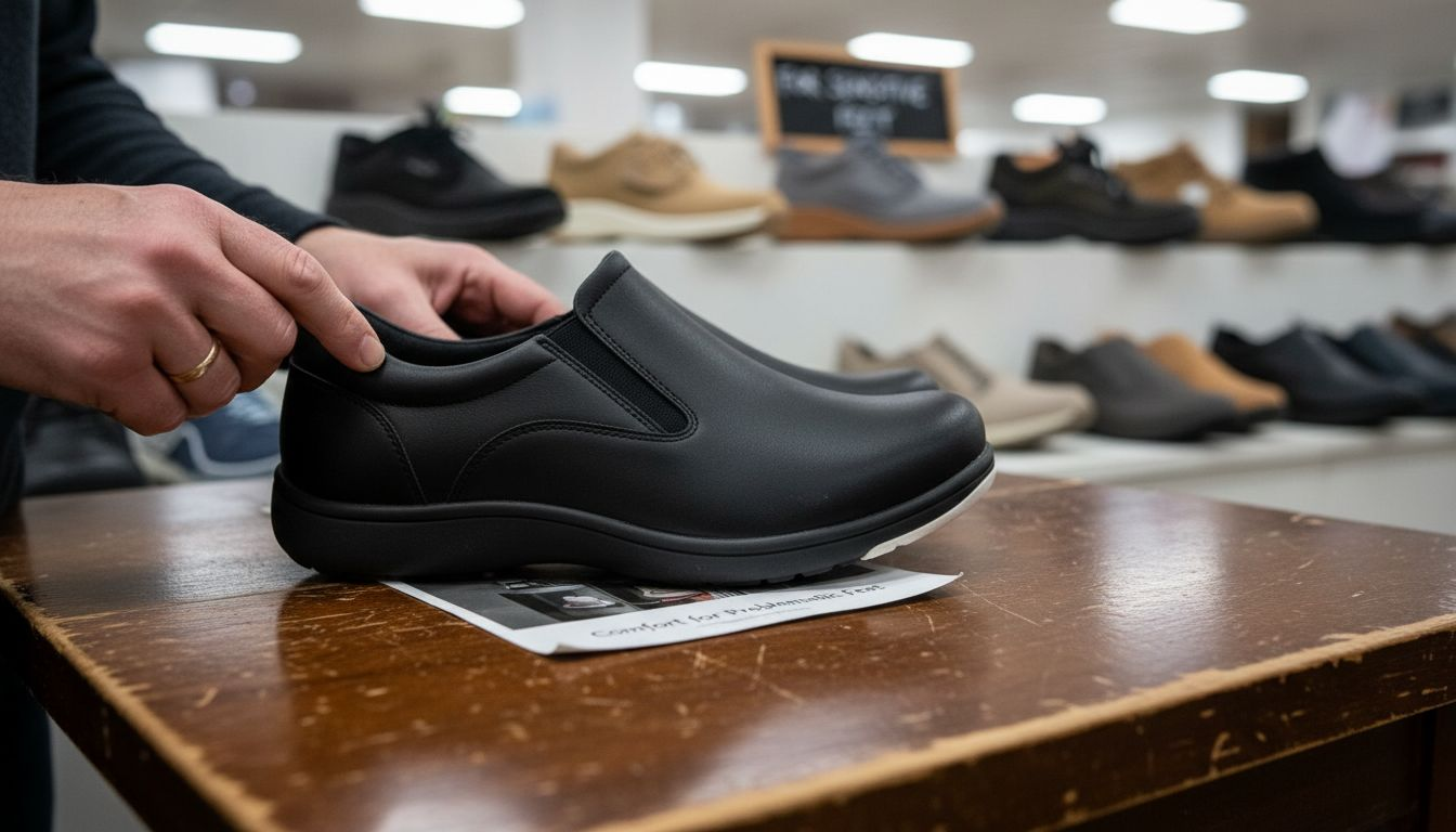 Hands examining neuropathy-friendly shoe features