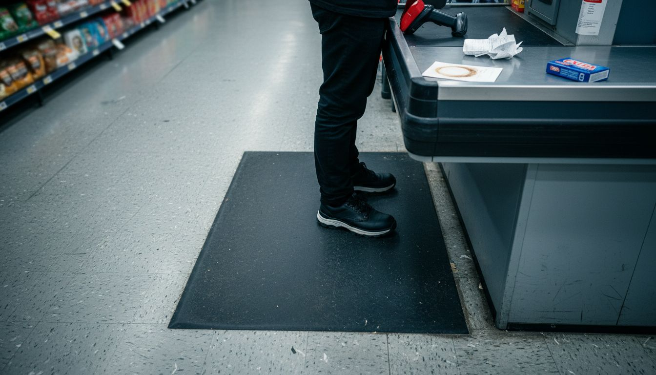 Footwear with anti-fatigue soles at busy checkout