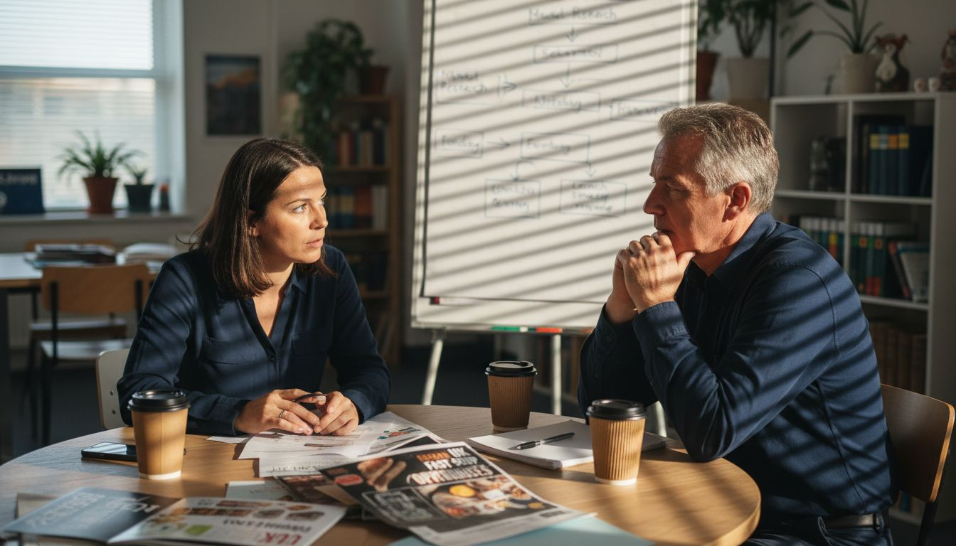 Entrepreneurs discuss franchise types at table