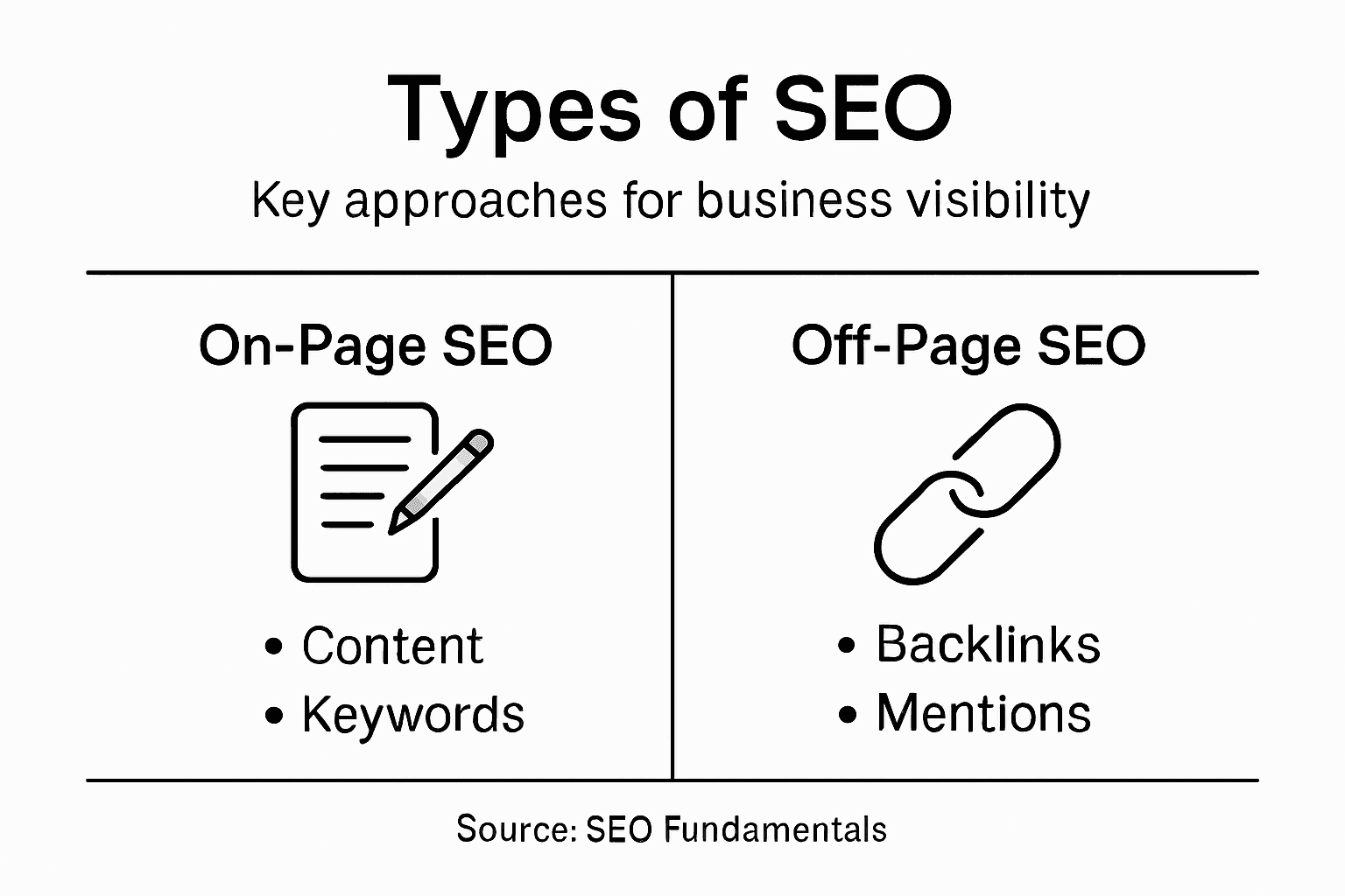 Infographic summarizing main SEO types and benefits