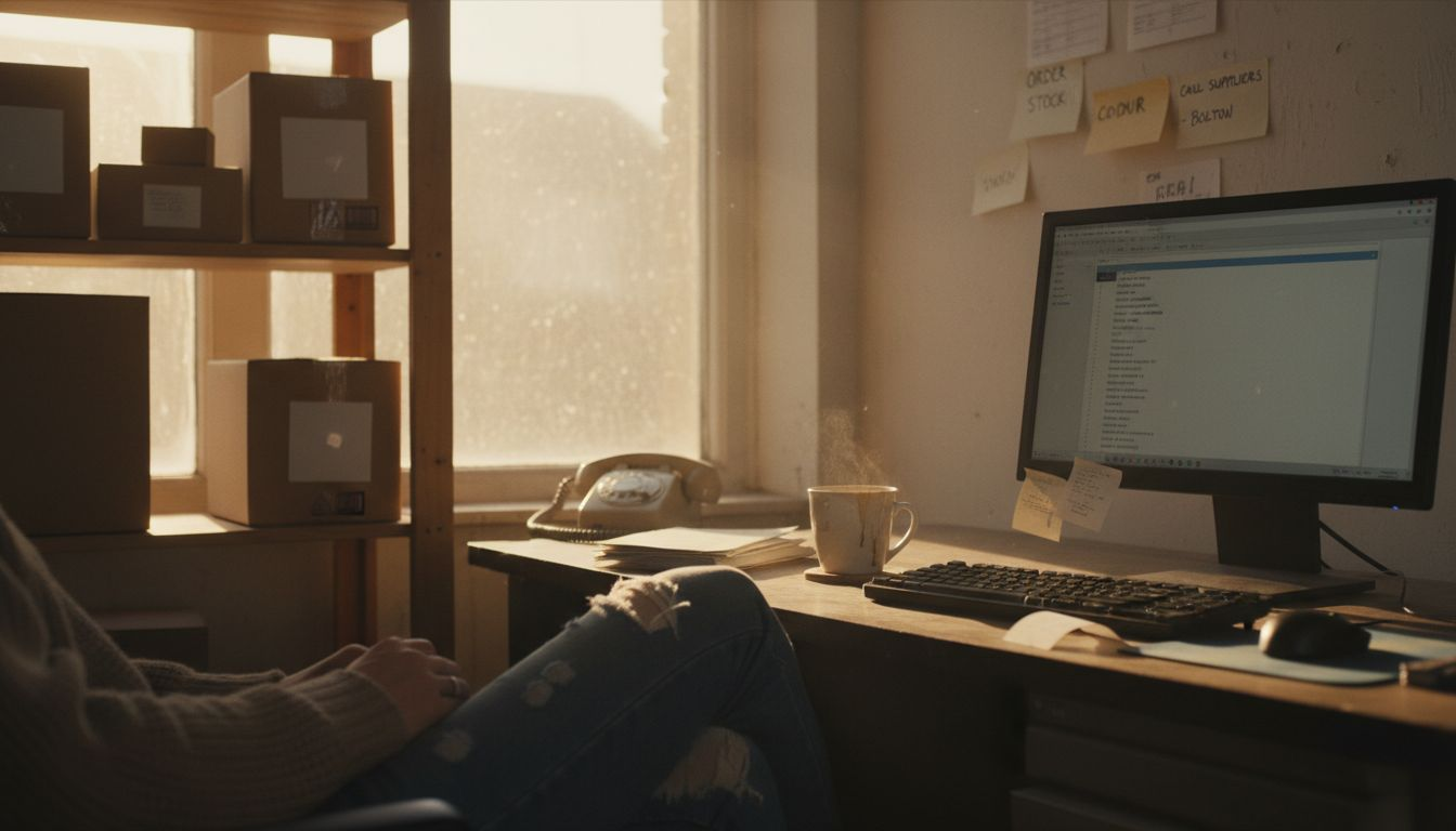 Writing product descriptions in small shop office