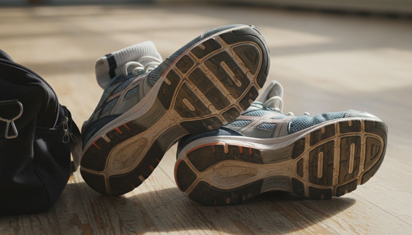 Worn running shoes showing supportive arch design