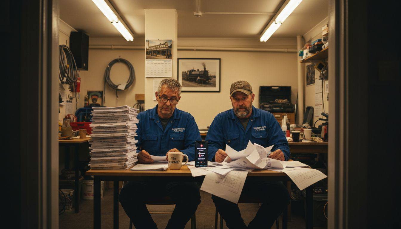 Plumbers comparing content strategy paperwork