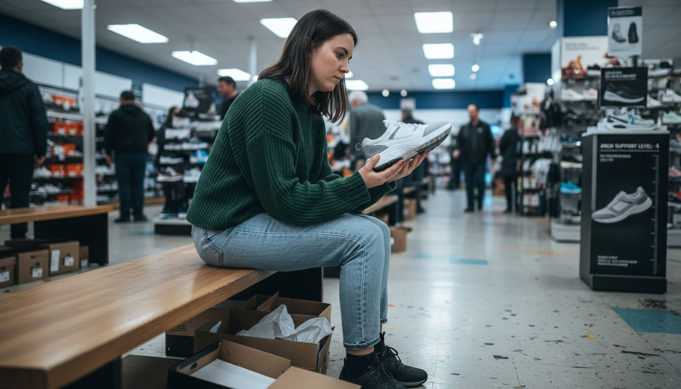 Woman inspecting heel support on store bench