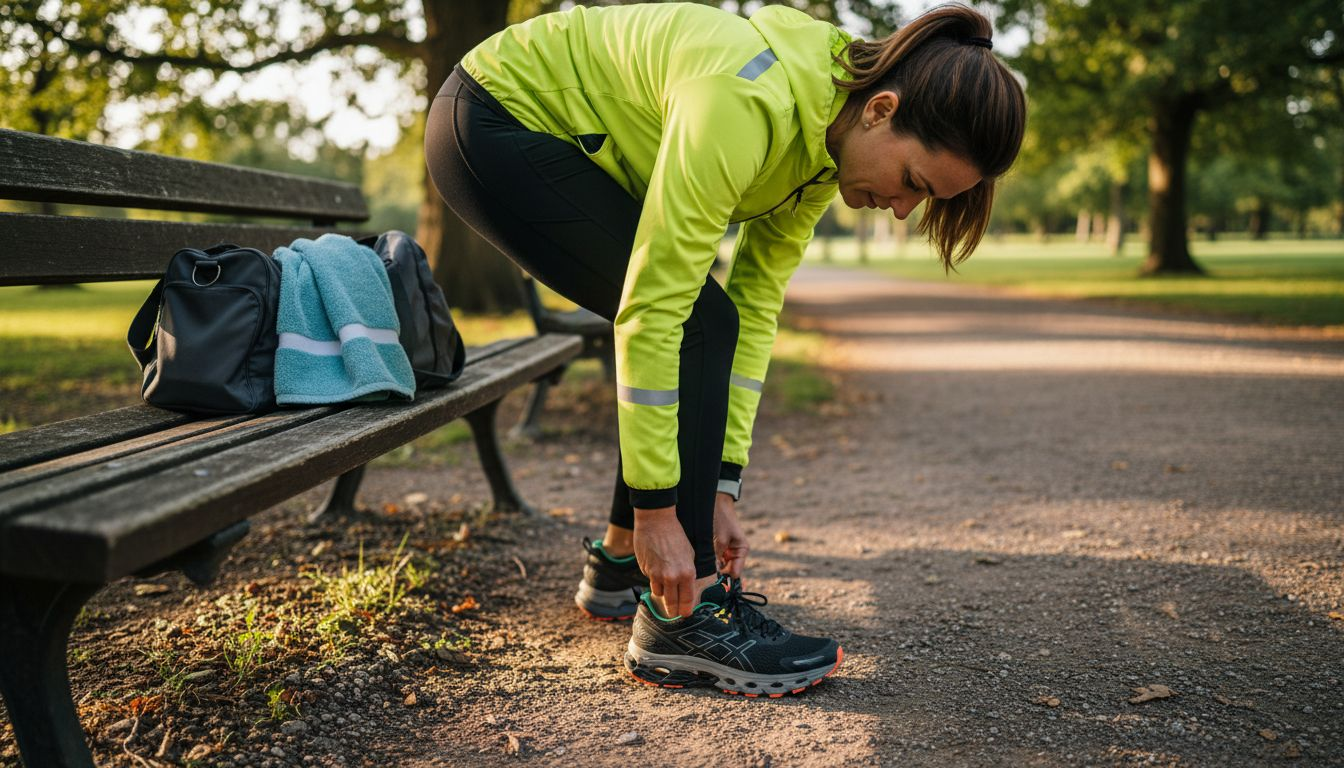 Runner adjusting shoes for arch support outdoors