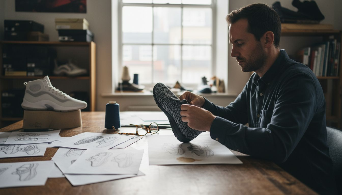 Designer examines engineered knit shoe fabric