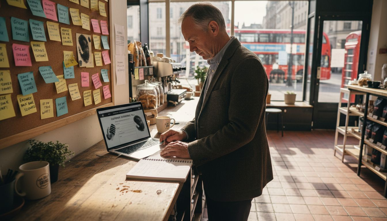 Owner checking customer feedback at retail counter