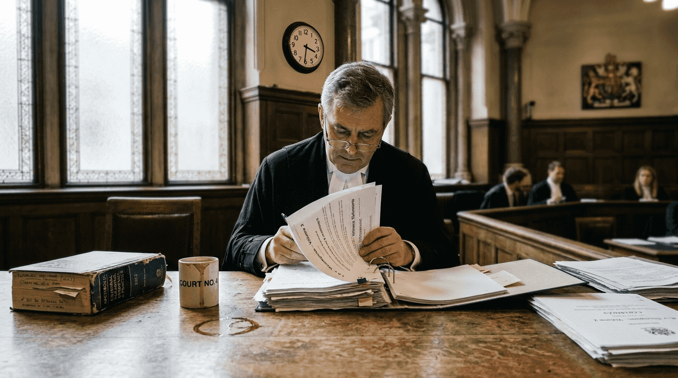 Judge reviewing court papers in London courtroom