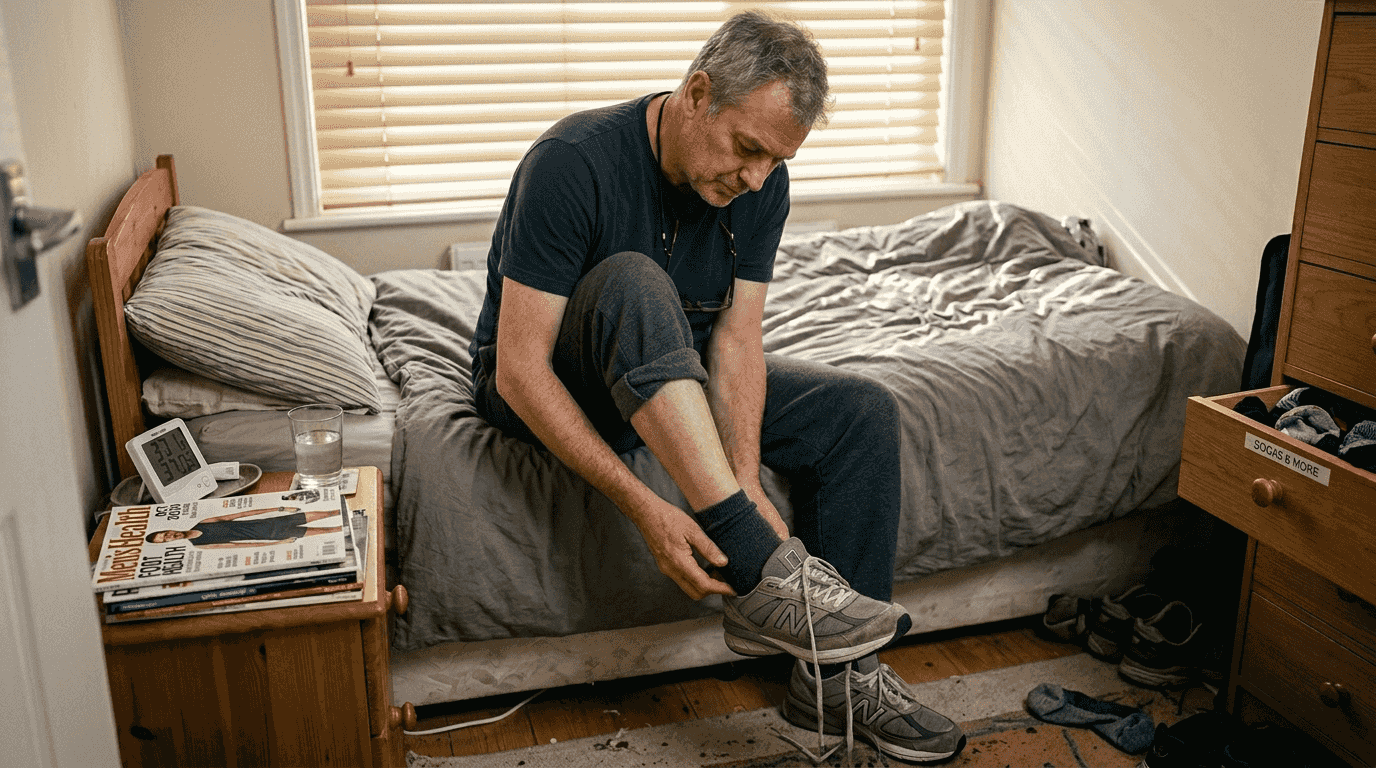 Man inspecting foot with breathable shoe