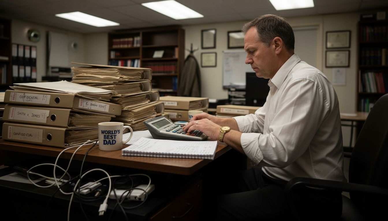 Lawyer calculating litigation expenses at desk