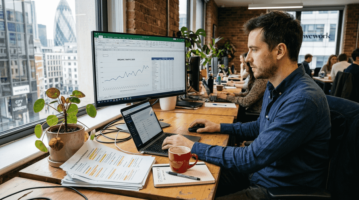 SEO analyst reviewing website performance metrics