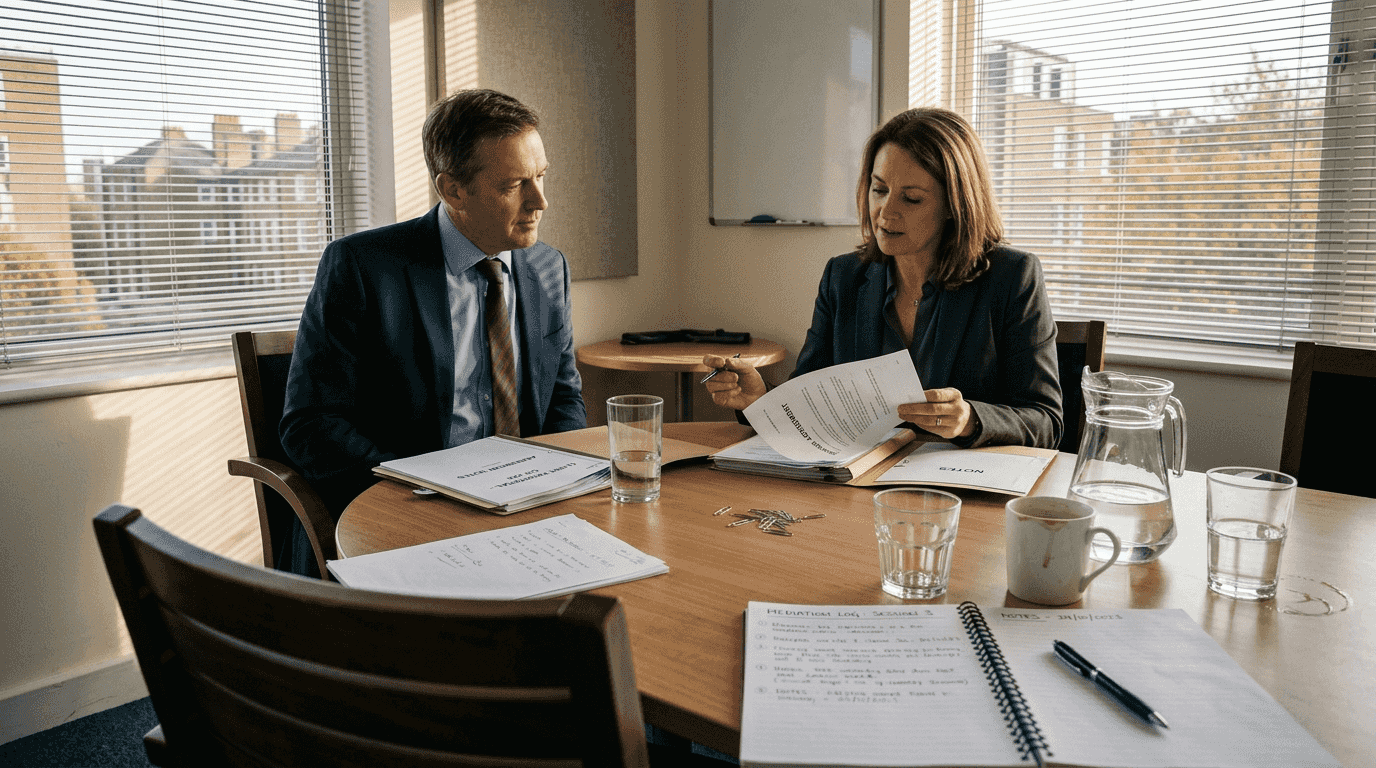 Clients discussing case during mediation session