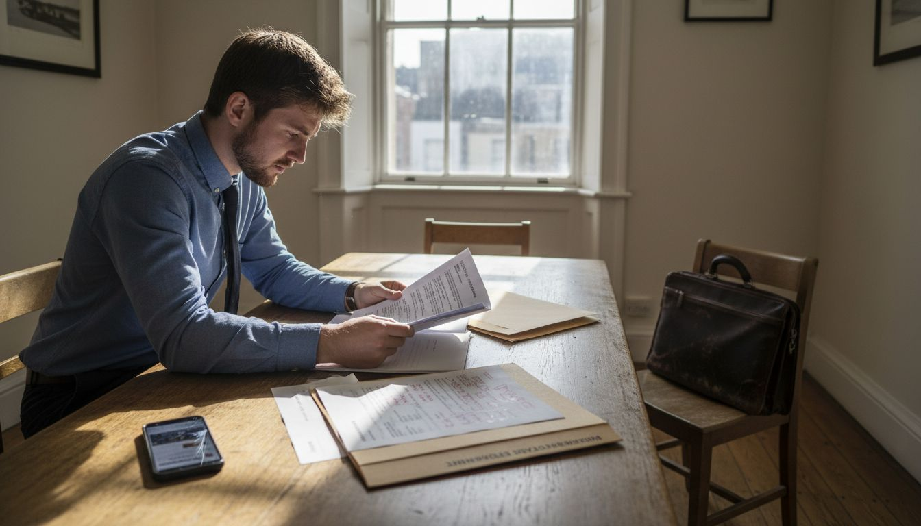 Solicitor reviewing conveyancing paperwork in meeting room