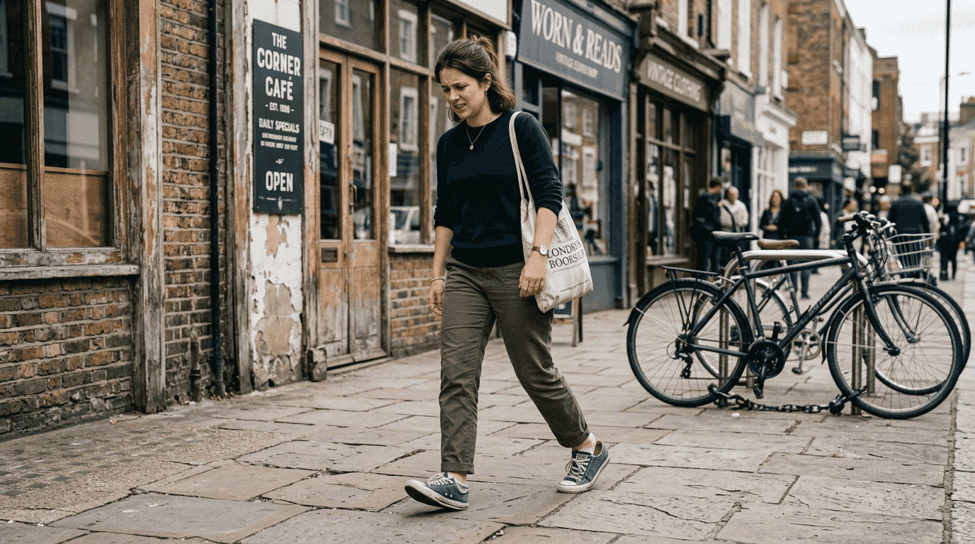 Woman limping in loose shoes sidewalk scene