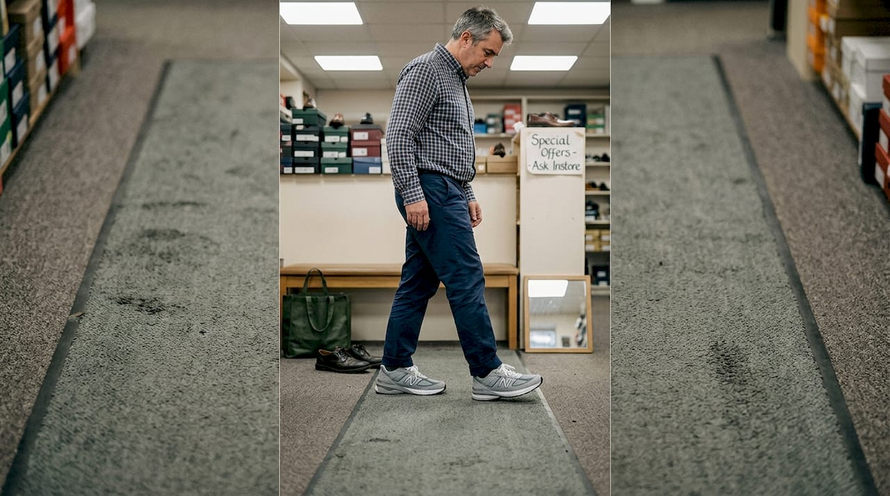 Man testing sneakers in shoe store aisle