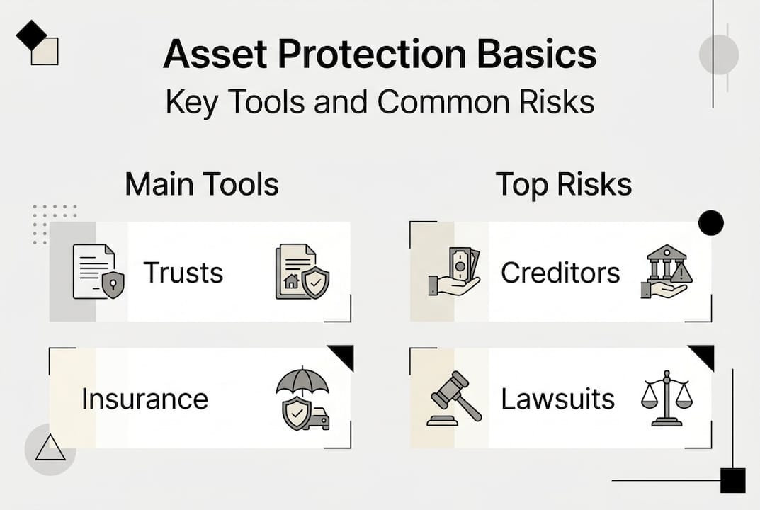 Infographic showing main asset protection tools and risks