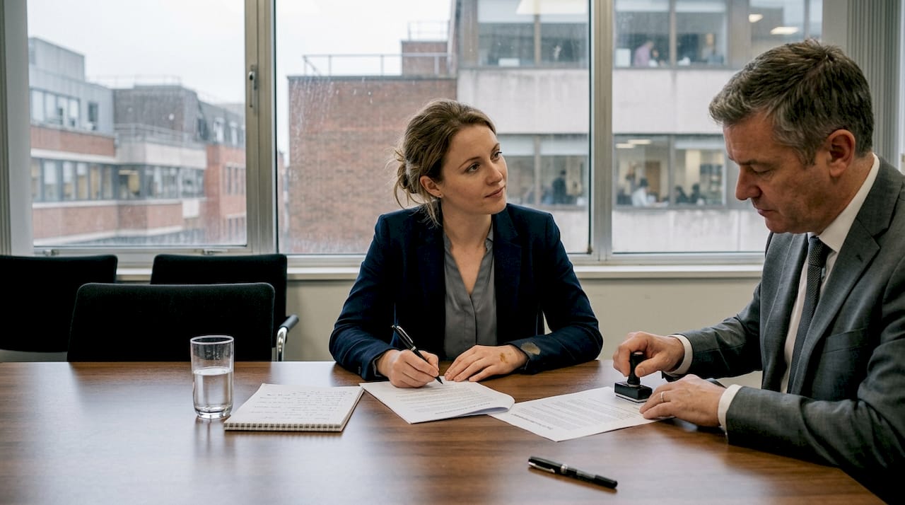 Woman signing trust document with solicitor