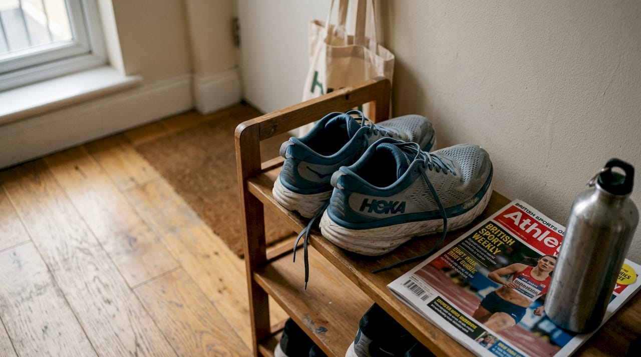 Used cushioned running shoes on entryway rack