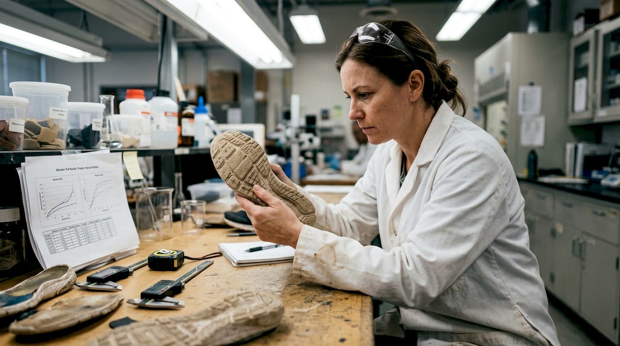 Technician examines natural rubber shoe sole durability