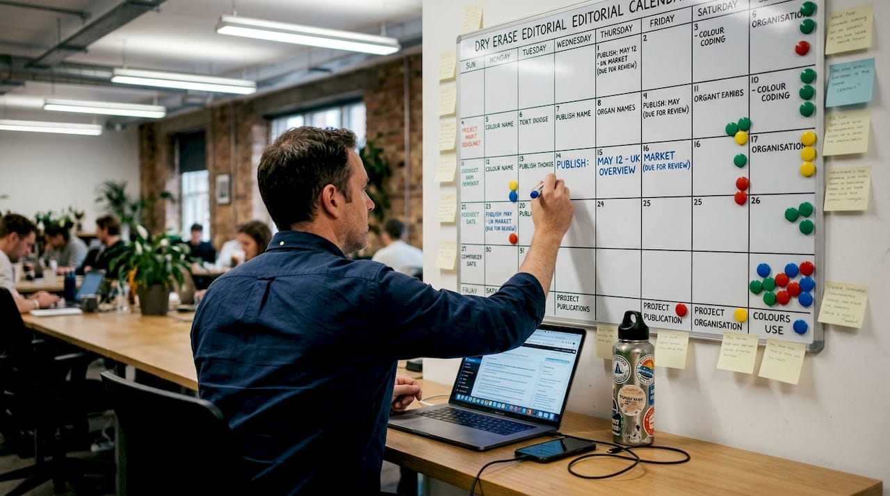 Updating editorial calendar in coworking office