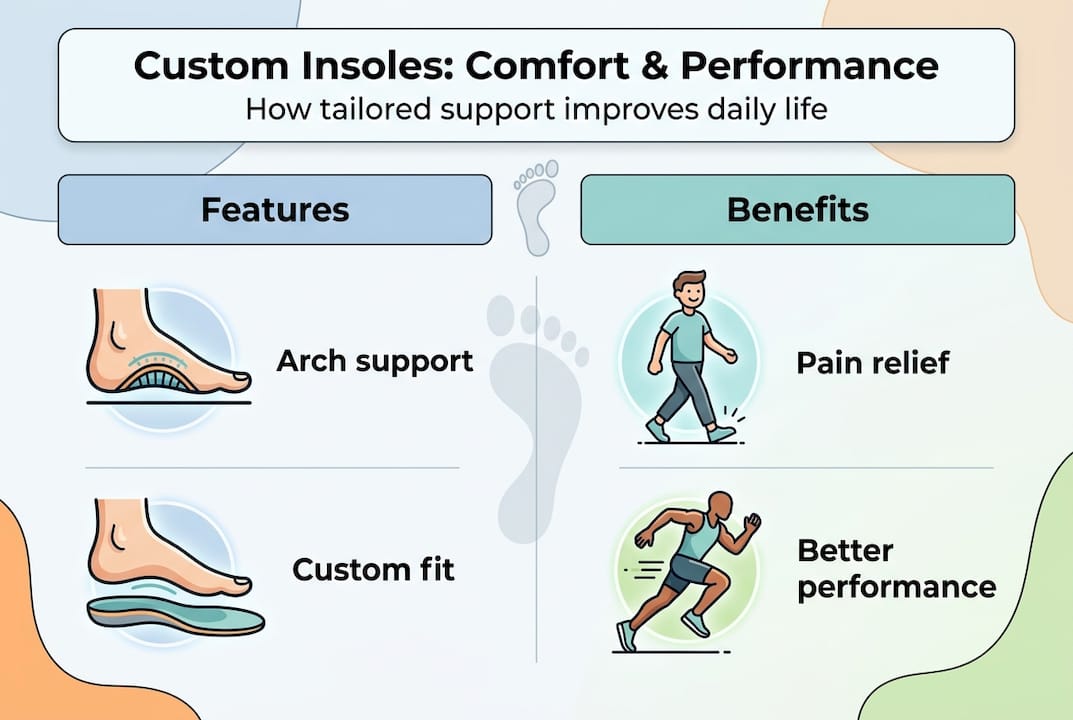 Custom insoles features and benefits infographic