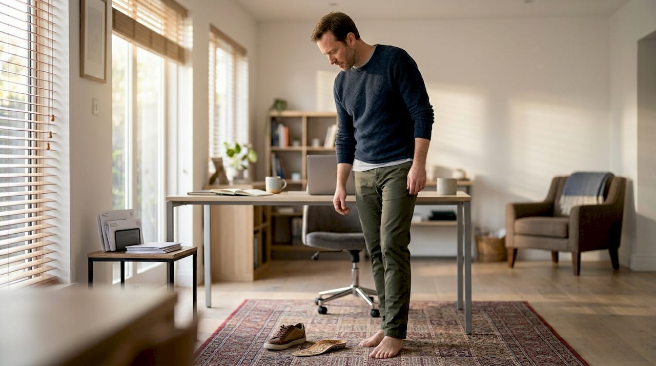 Man checks foot alignment at home
