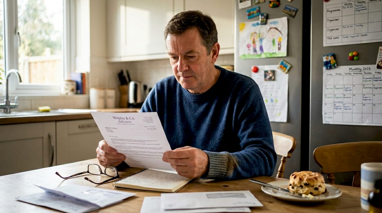 Client reading legal update at kitchen table