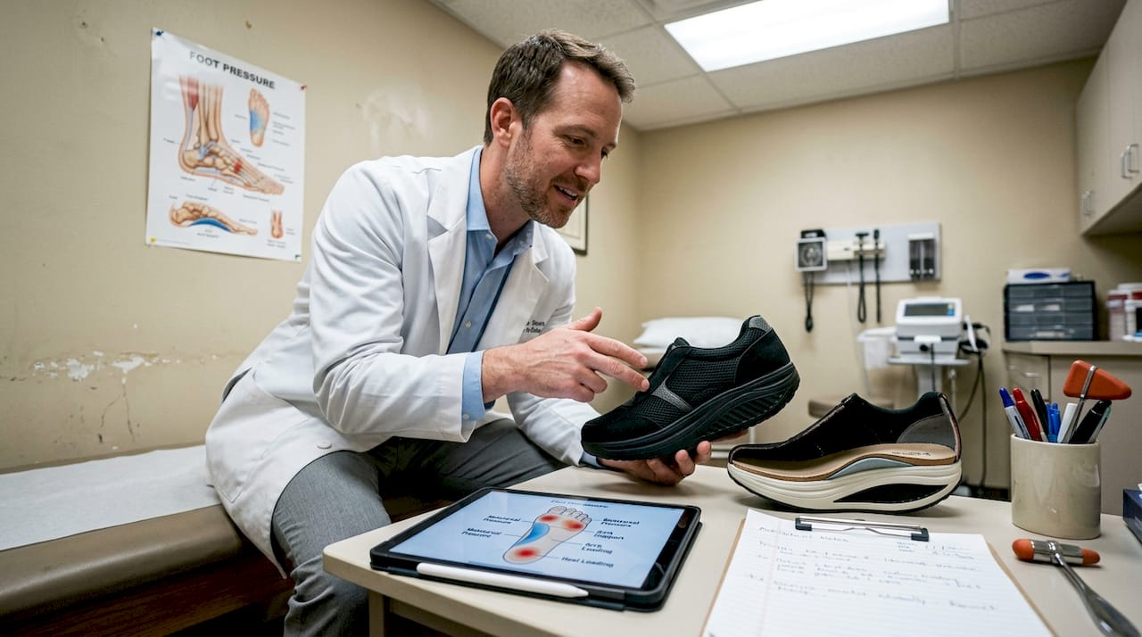 Podiatrist showing rocker-bottom orthopedic shoe