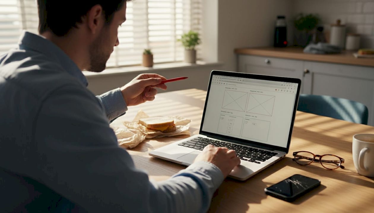 Developer reviewing website layout images on laptop