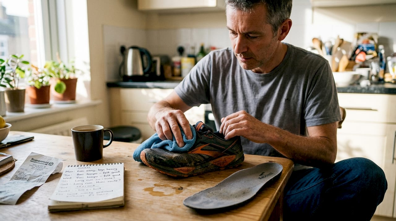 Man cleaning running shoe at table