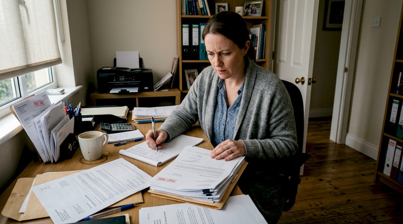 Business owner handling dispute paperwork
