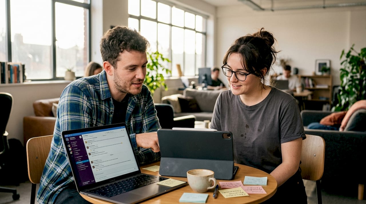 Colleagues reviewing brand mentions and feedback