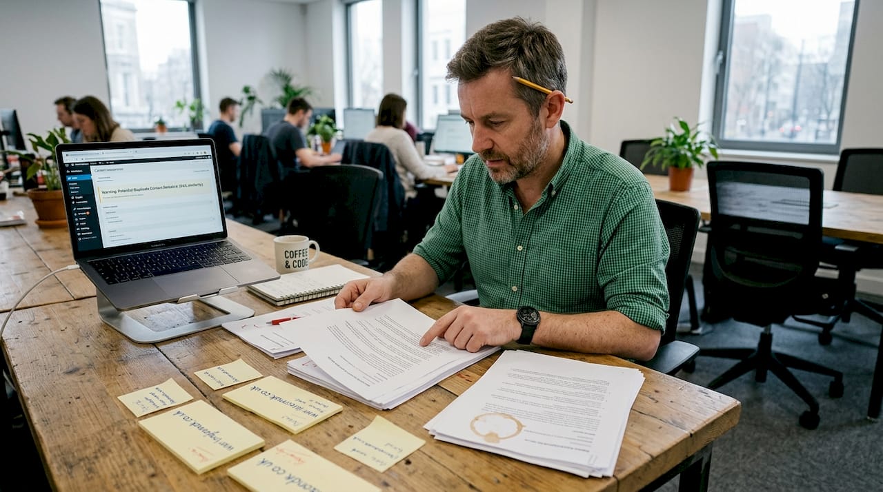 Web manager comparing duplicate website pages