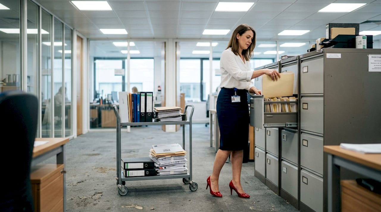 Woman in uncomfortable high heels at work