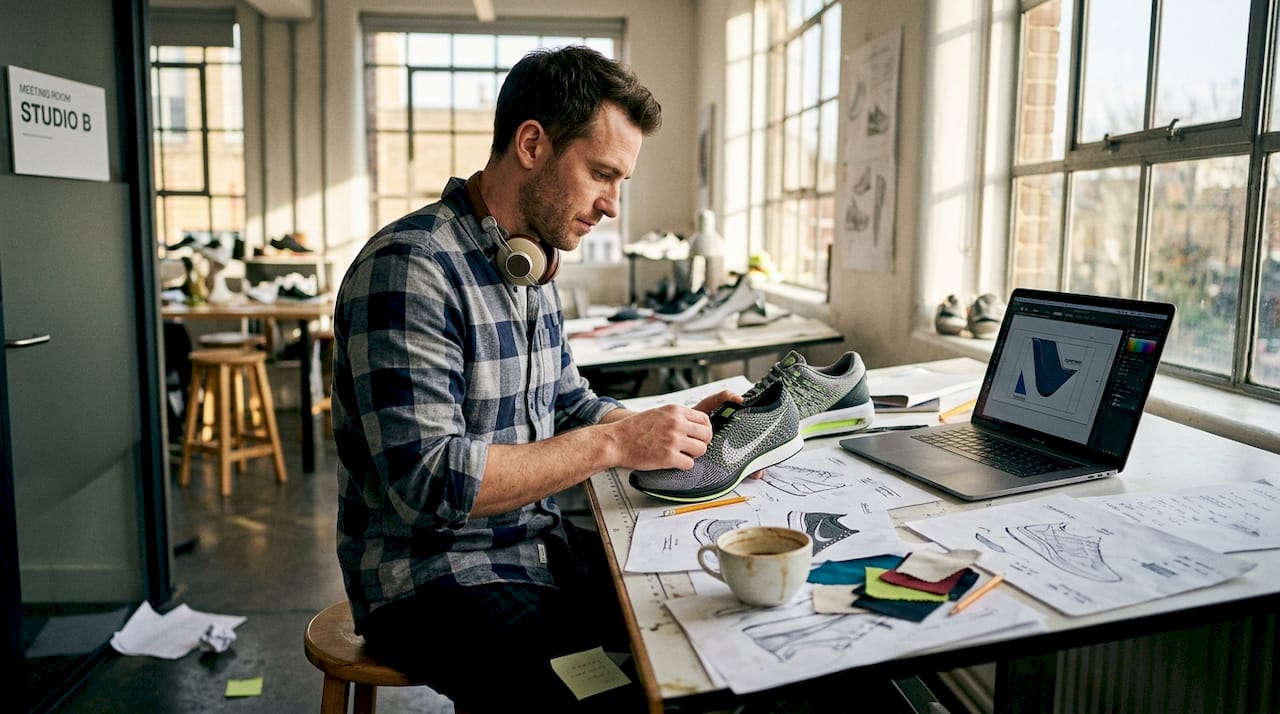 Designer reviewing high-tech athletic footwear