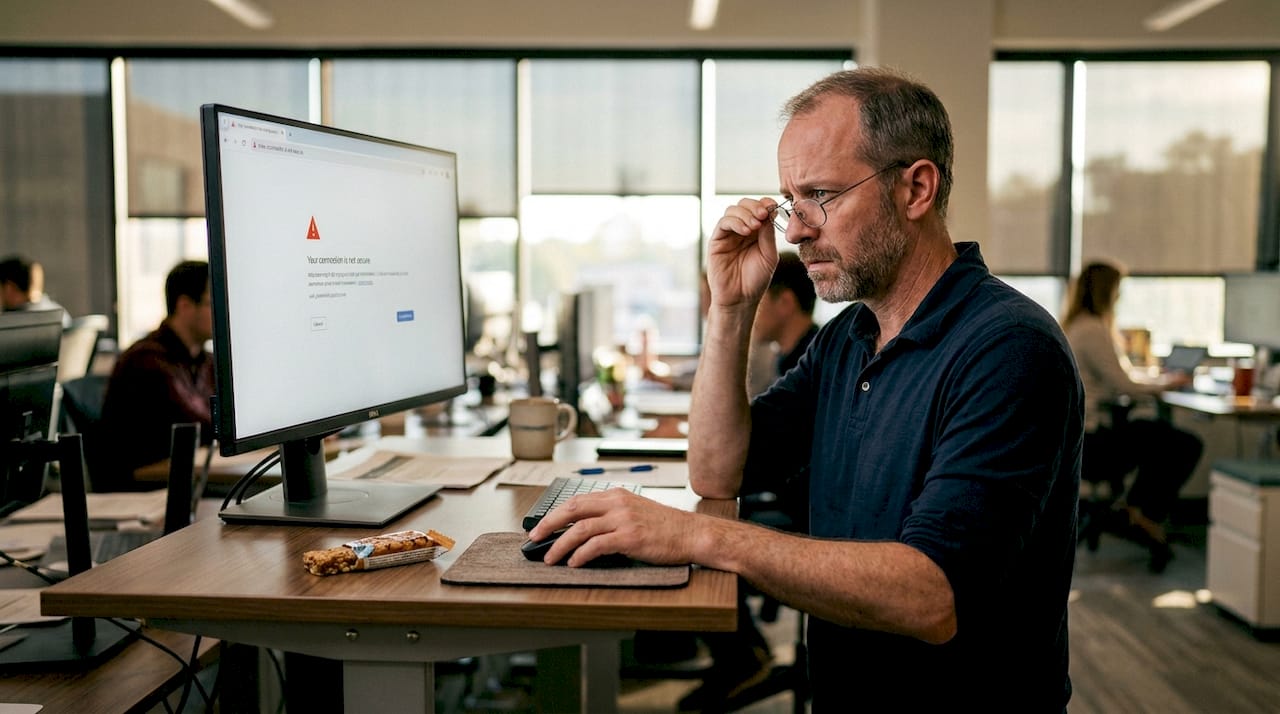Man viewing SSL certificate browser warning