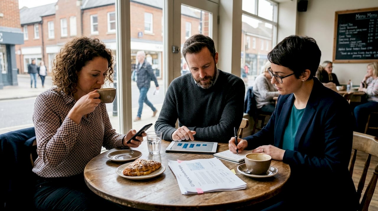 Small business owners planning around café table