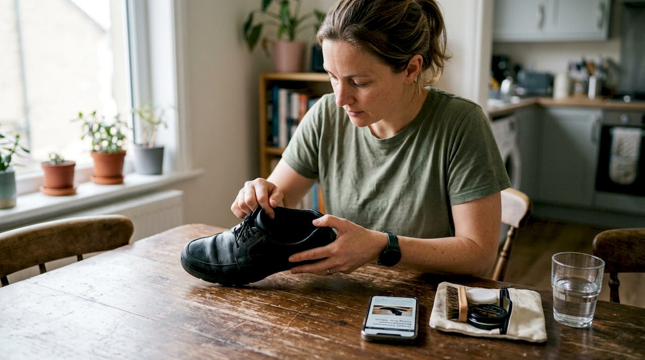 Woman checks for insole wear inside shoe