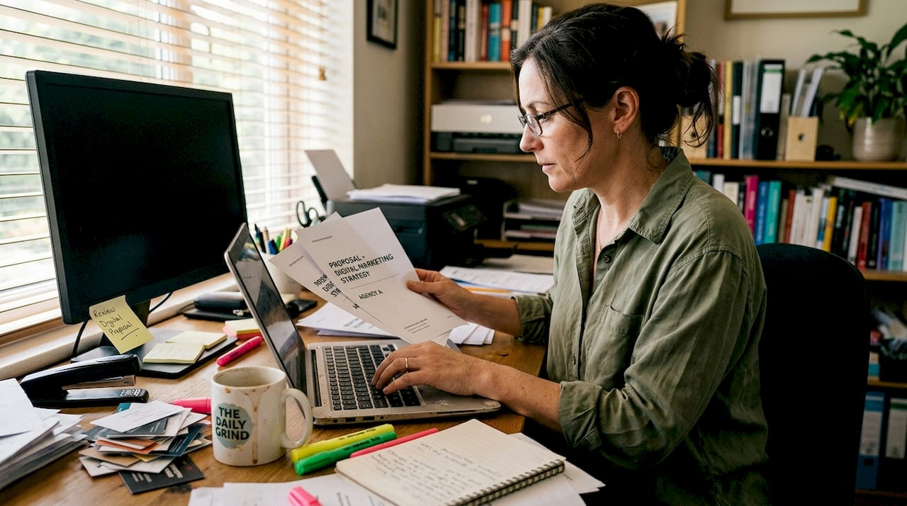 Business owner reviewing agency proposals at desk