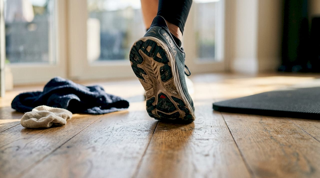 Close-up shoe sole compressing on wooden floor