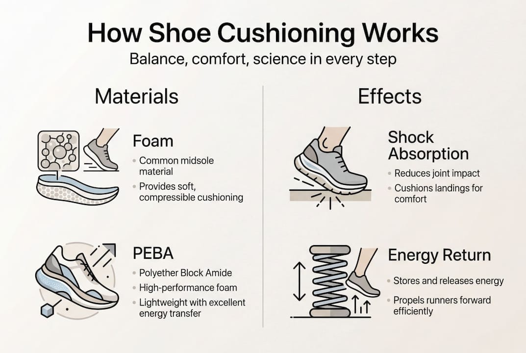 Infographic showing shoe cushioning materials and effects
