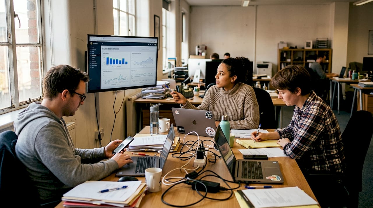 Colleagues collaborating on digital marketing strategy