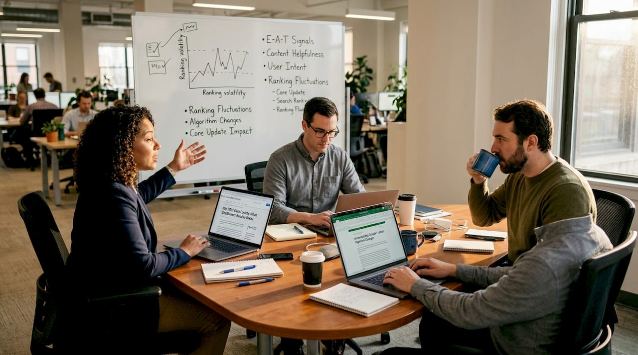 Agency team analyzes SEO update on laptops