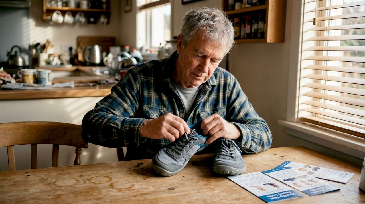 Elderly man examining wide toebox shoes